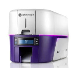 Card printer with 'Entrust' branding on a white background