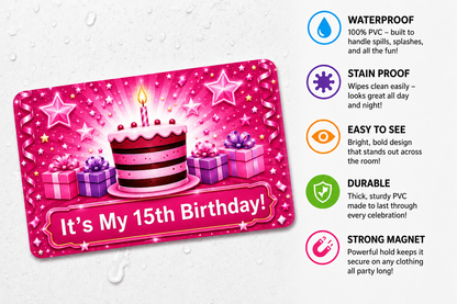 Personalized Birthday Badge Card – Magnetic Wearable Birthday Card, PVC Party Name Tag, Birthday Button Alternative