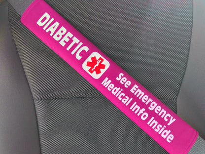 Diabetic - Type 2 - Medical Alert Seat Belt Cover - Inside Pocket - Medical Info Sheet