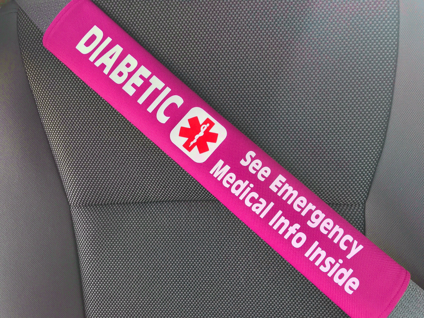 Diabetic - Type 2 - Medical Alert Seat Belt Cover - Inside Pocket - Medical Info Sheet